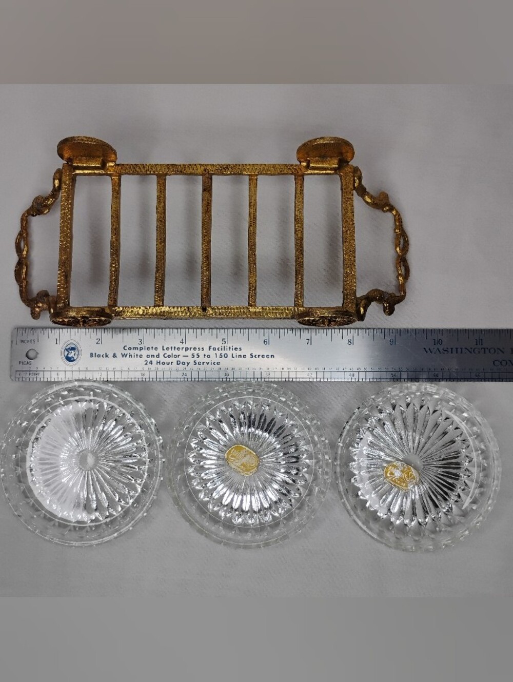 Vintage Bohemia Glass Czechoslovakian Crystal Coasters Set With Gold Plated Cart - Picture 16 of 16
